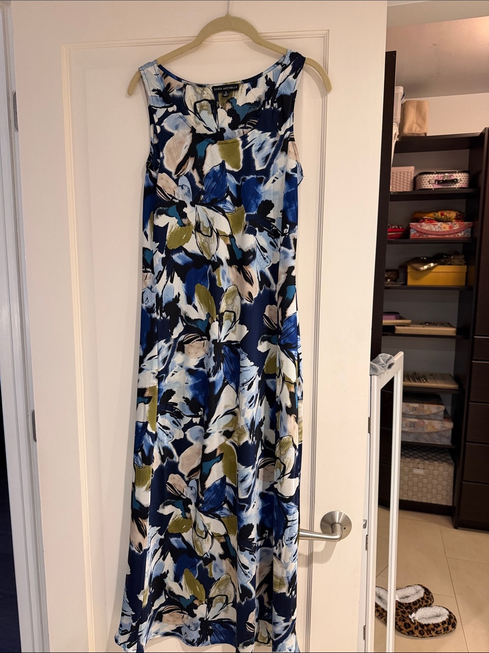 Sara Michelle Navy and White Floral-Print Maxi Dress with Green Accents